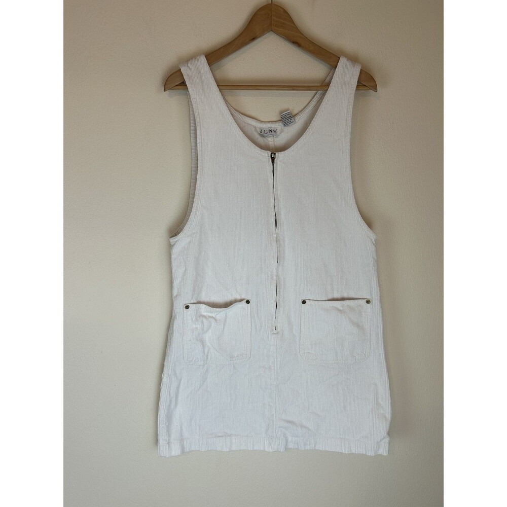 Vtg M corduroy Overall Mini Dress Jumper White Bib Sleeveless Pockets Western